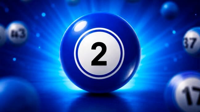 Bola de bingo azul vibrante e brilhante com o número 2 em preto dentro de um círculo branco
