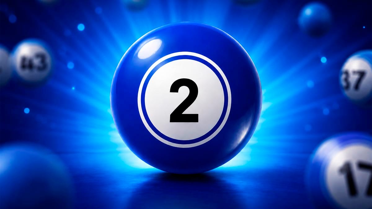 Bola de bingo azul vibrante e brilhante com o número 2 em preto dentro de um círculo branco