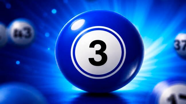 Bola de bingo azul vibrante e brilhante com o número 3 em preto dentro de um círculo branco