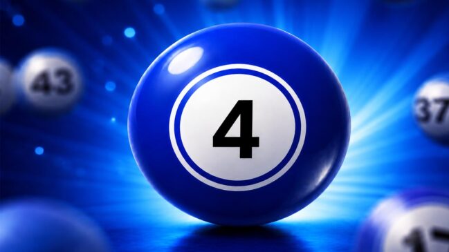 Bola de bingo azul vibrante e brilhante com o número 4 em preto dentro de um círculo branco