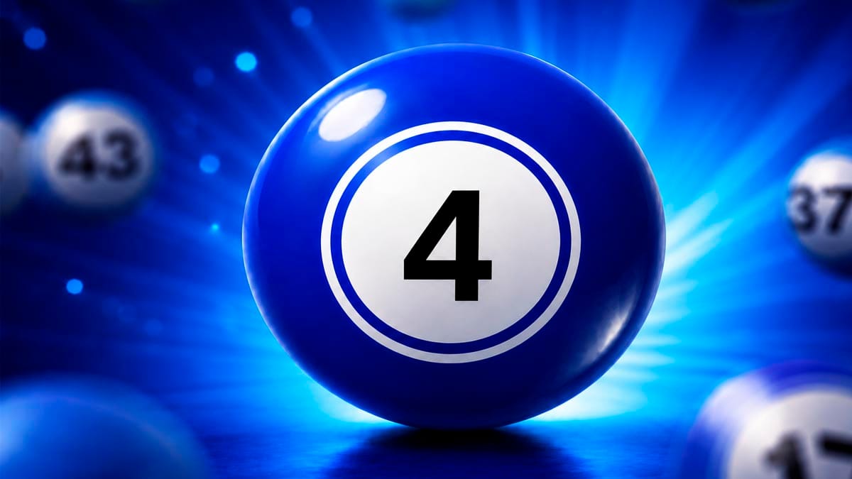 Bola de bingo azul vibrante e brilhante com o número 4 em preto dentro de um círculo branco