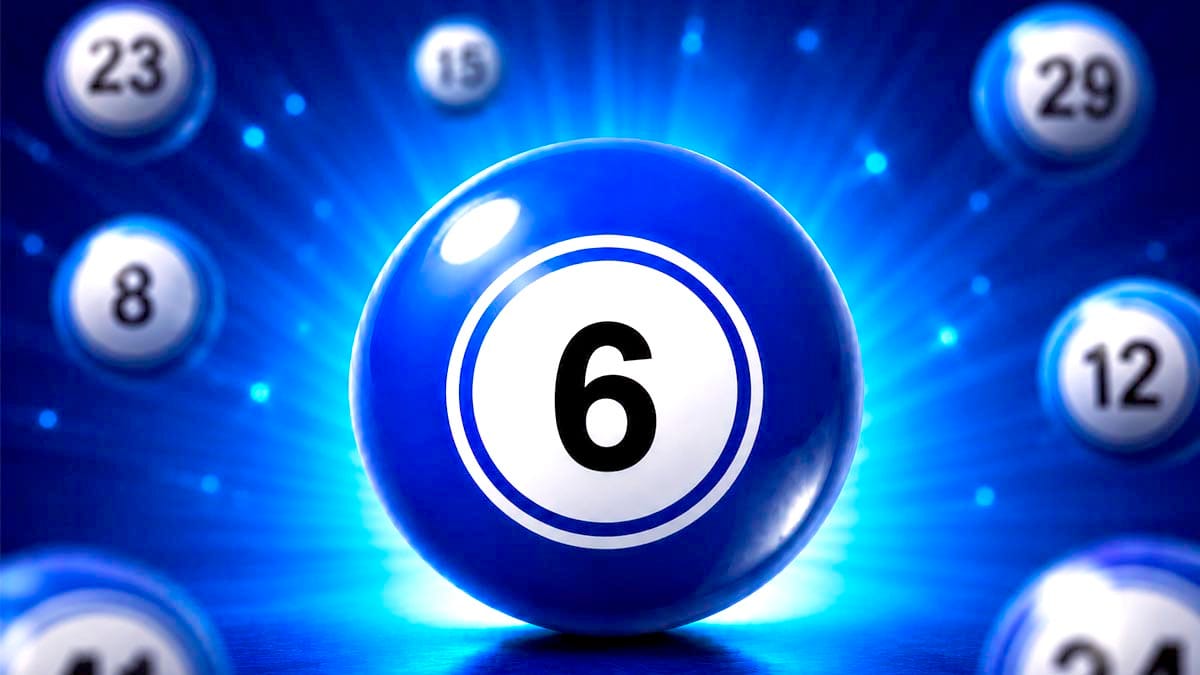 Bola de bingo azul vibrante e brilhante com o número 6 em preto dentro de um círculo branco
