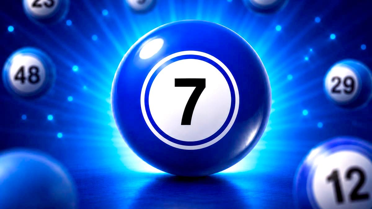 Bola de bingo azul vibrante e brilhante com o número 7 em preto dentro de um círculo branco