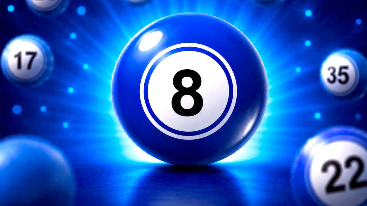 Bola de bingo azul vibrante e brilhante com o número 8 em preto dentro de um círculo branco