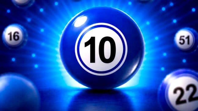 Bola de bingo azul vibrante e brilhante com o número 10 em preto dentro de um círculo branco