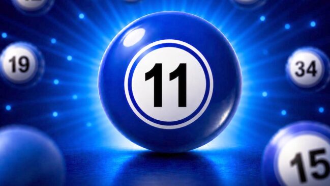 Bola de loteria azul brilhante em destaque com o número 11 centralizado em um círculo branco