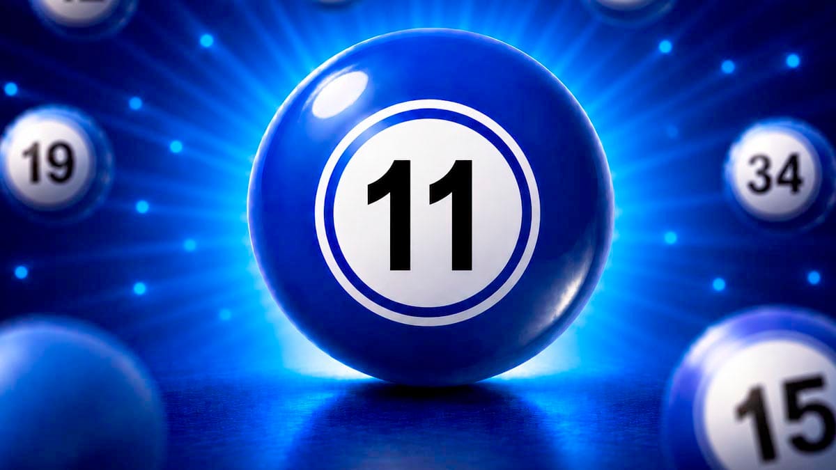 Bola de loteria azul brilhante em destaque com o número 11 centralizado em um círculo branco