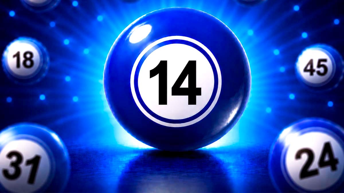Bola de loteria azul brilhante em destaque com o número 14 centralizado em um círculo branco