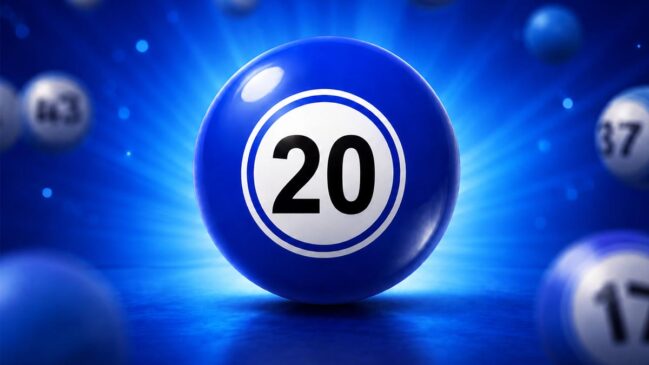 Bola de loteria azul brilhante em destaque com o número 20 centralizado em um círculo branco