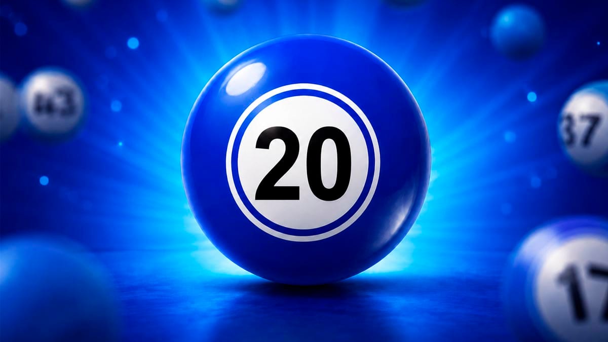 Bola de loteria azul brilhante em destaque com o número 20 centralizado em um círculo branco
