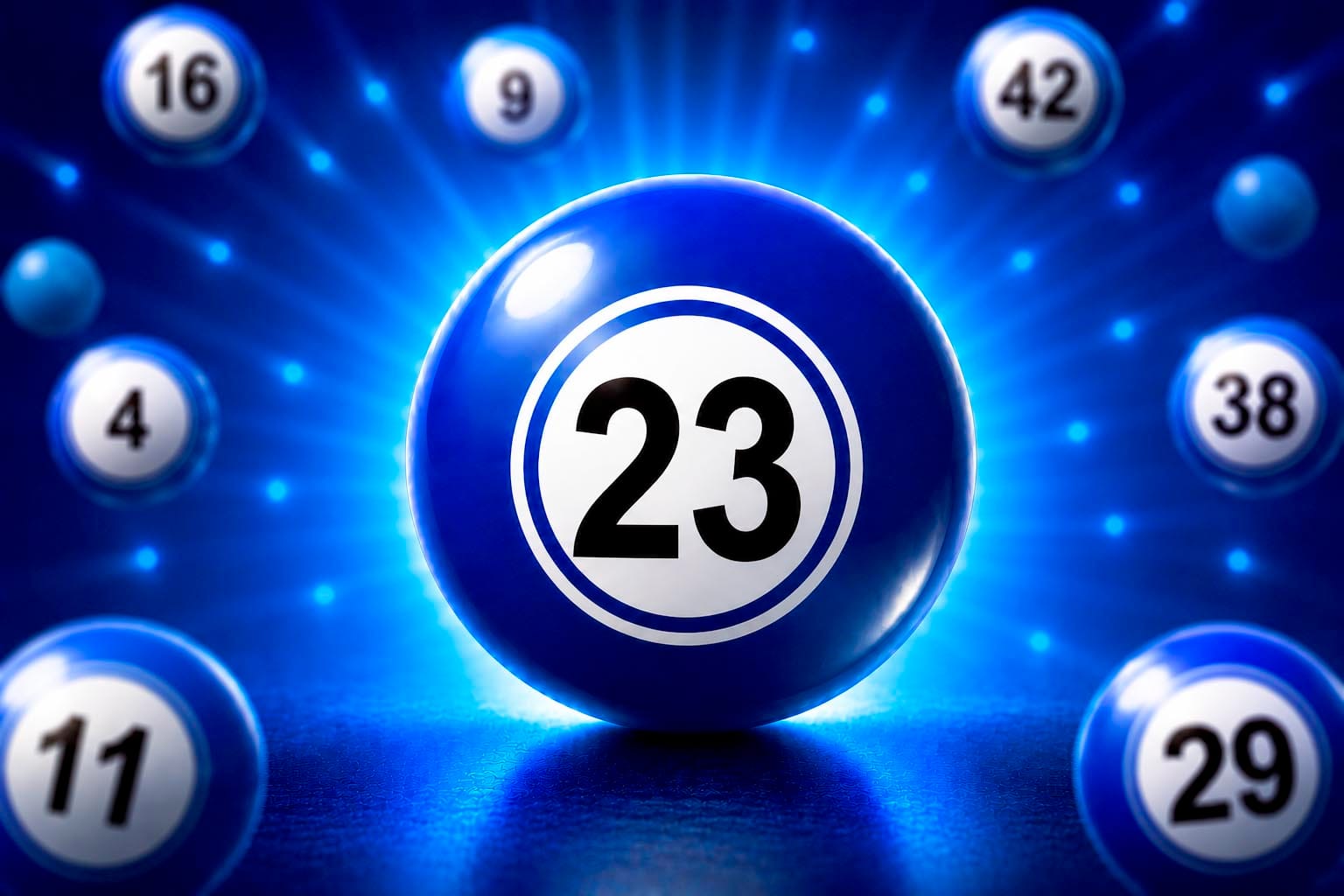 Bola de sorteio azul brilhante em destaque com o número 23 em preto no centro de um círculo branco