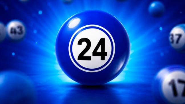 Bola de sorteio azul brilhante em destaque com o número 24 em preto no centro de um círculo branco