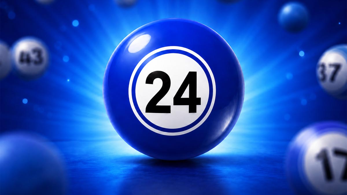 Bola de sorteio azul brilhante em destaque com o número 24 em preto no centro de um círculo branco