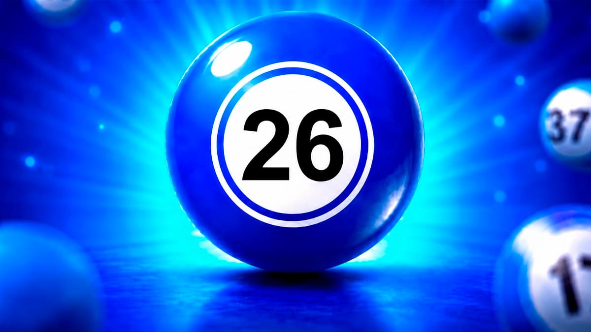 Bola de sorteio azul brilhante em destaque com o número 26 em preto no centro de um círculo branco