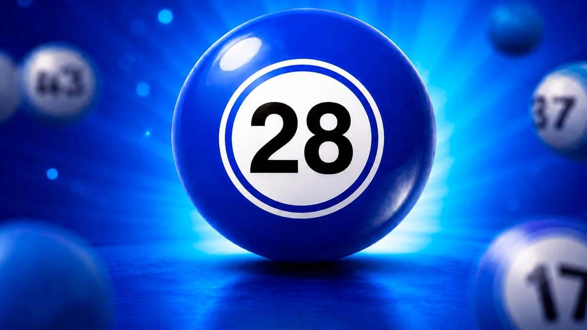 Bola de sorteio azul brilhante em destaque com o número 28 em preto no centro de um círculo branco