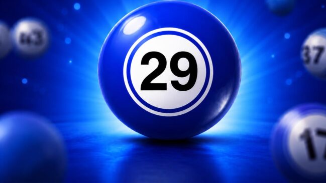 Bola de sorteio azul brilhante em destaque com o número 29 em preto no centro de um círculo branco