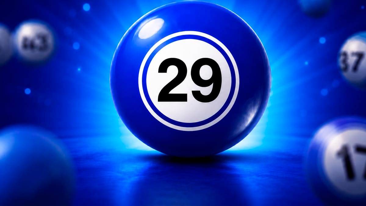 Bola de sorteio azul brilhante em destaque com o número 29 em preto no centro de um círculo branco