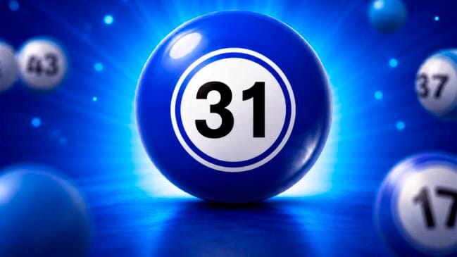 Bola de sorteio azul brilhante em destaque com o número 31 em preto no centro de um círculo branco
