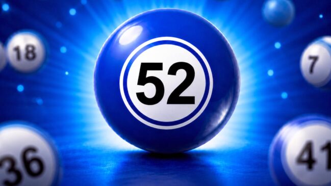 Bola de sorteio azul brilhante em destaque com o número 52 em preto no centro de um círculo branco