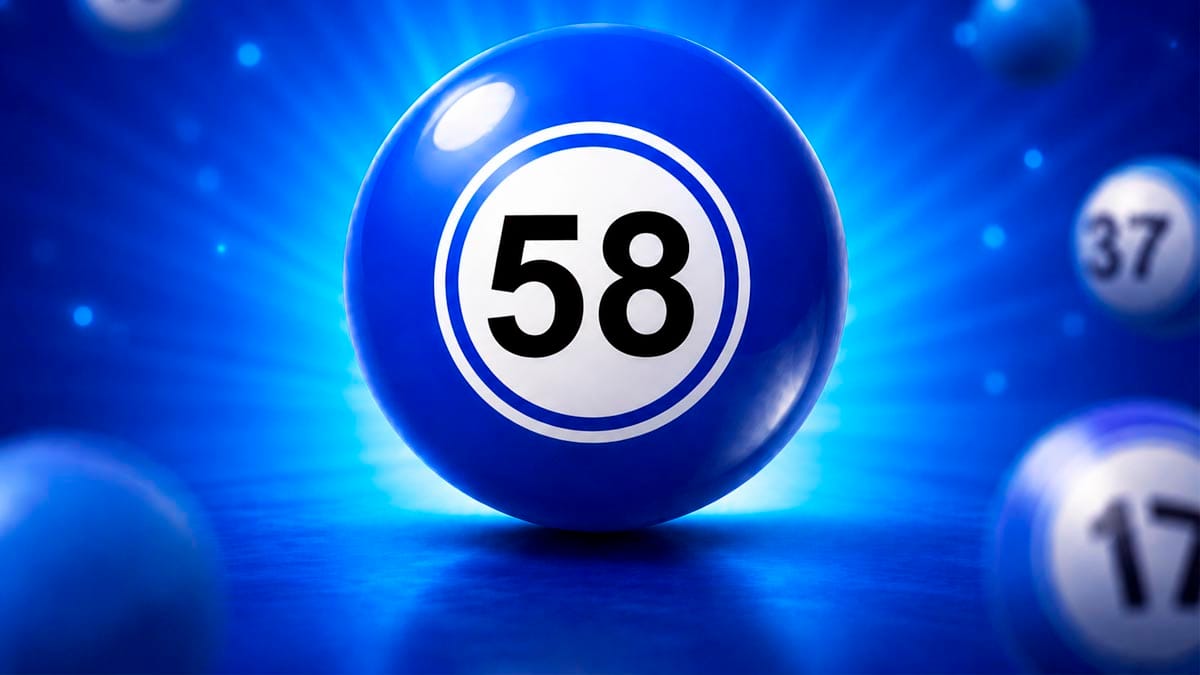 Bola de sorteio azul brilhante em destaque com o número 58 em preto no centro de um círculo branco