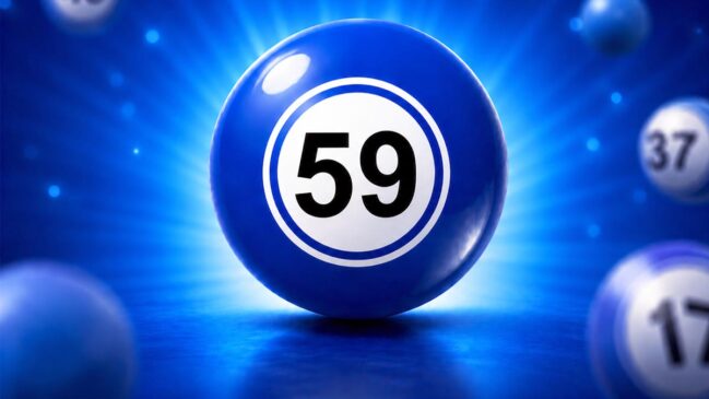 Bola de sorteio azul brilhante em destaque com o número 59 em preto no centro de um círculo branco