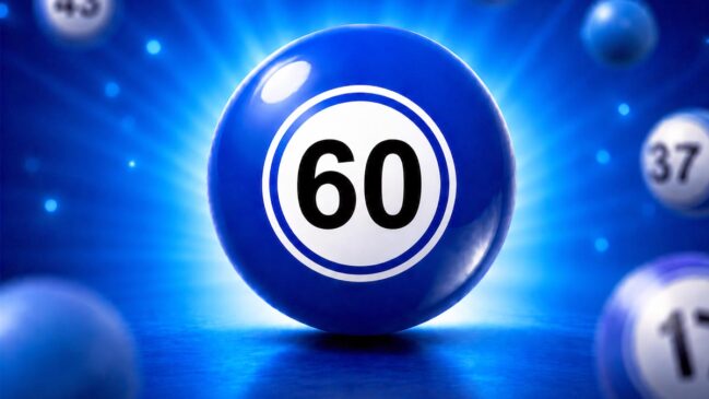 Bola de sorteio azul brilhante em destaque com o número 60 em preto no centro de um círculo branco