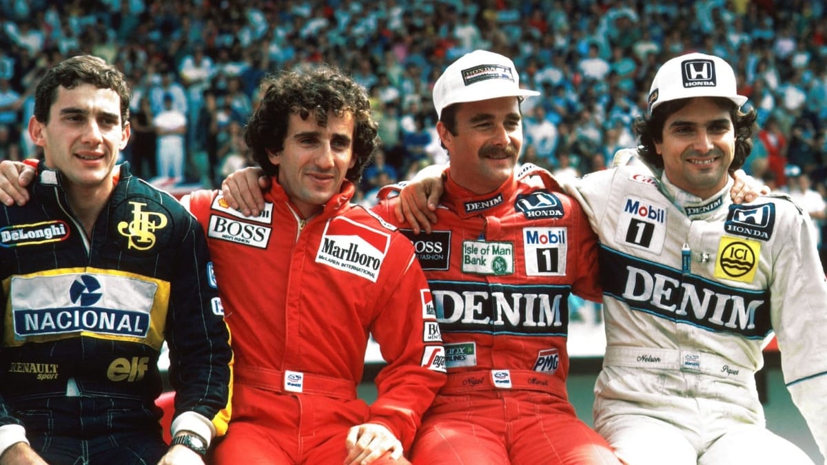 Ayrton Senna (Lotus), Alain Prost (McLaren), Nigel Mansell e Nelson Piquet, ambos de Williams
