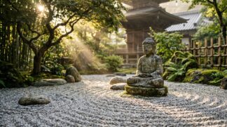 Fotografia cinematográfica horizontal de uma estátua de pedra de Buda em meditação dentro de um jardim zen japonês sob raios de sol