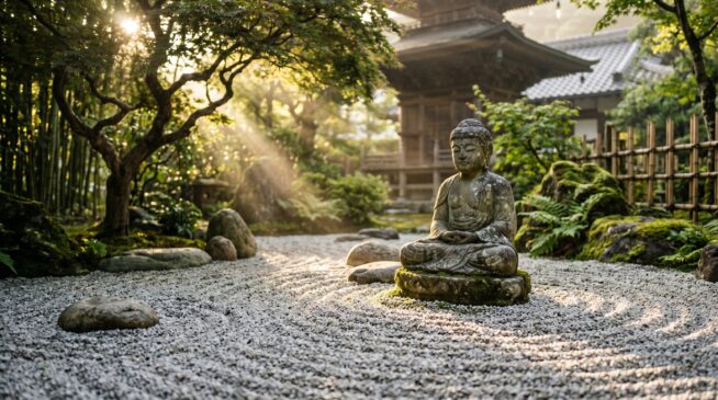 Fotografia cinematográfica horizontal de uma estátua de pedra de Buda em meditação dentro de um jardim zen japonês sob raios de sol