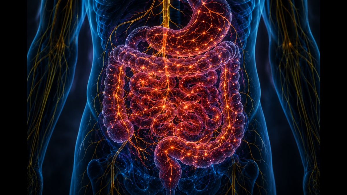Ilustração médica mostra intestino humano iluminado por conexões neurais e fibras nervosas em destaque dentro de um corpo semitransparente