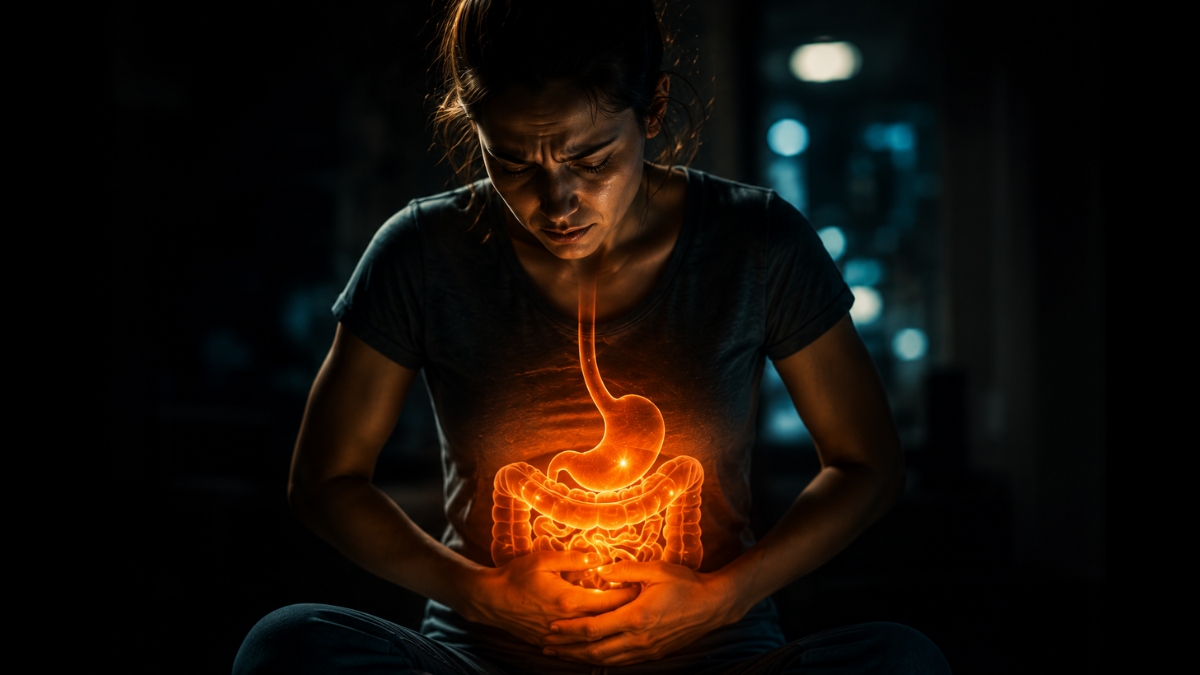 Mulher sentada em ambiente escuro segura a barriga com expressão de dor enquanto uma ilustração brilhante do sistema digestivo aparece iluminada dentro do corpo