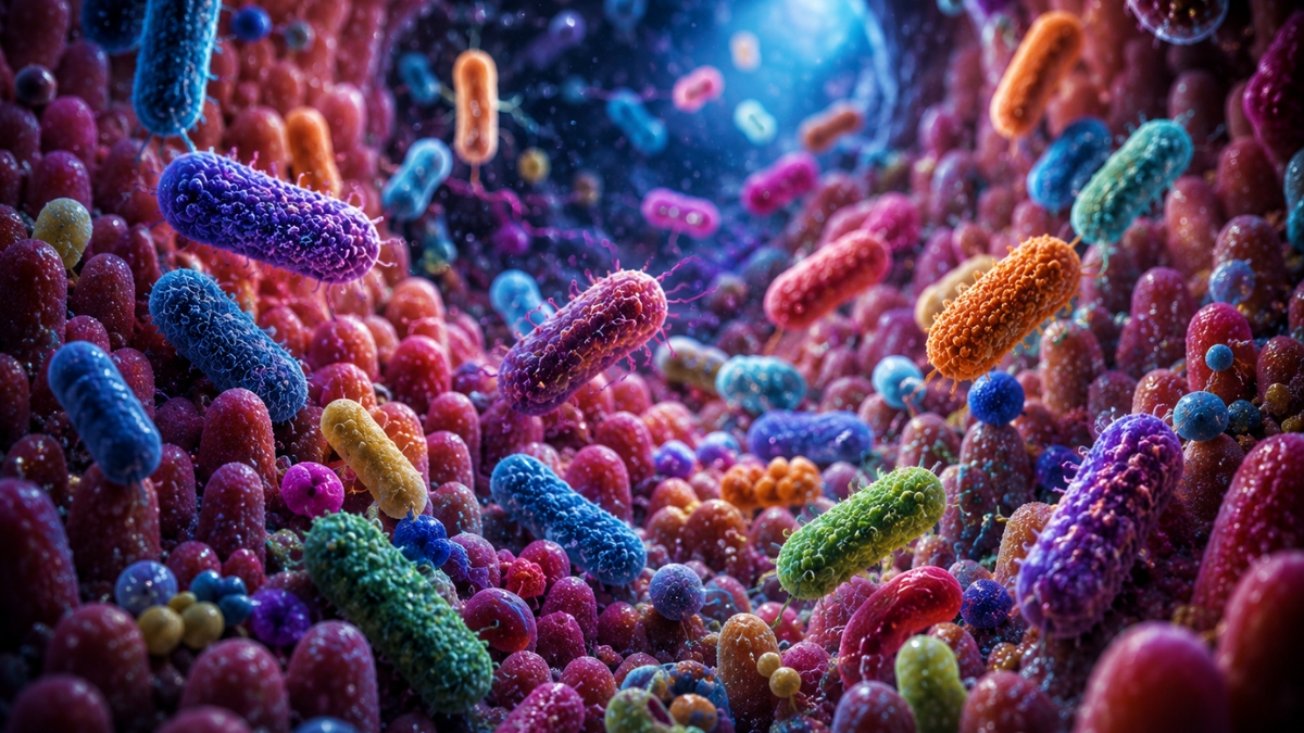 Imagem microscópica colorida mostra bactérias e micro-organismos espalhados pelo interior do intestino humano em ambiente iluminado por tons vibrantes