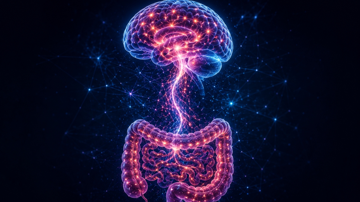 Ilustração digital mostra cérebro e intestino conectados por uma rede brilhante de impulsos neurais em tons neon azuis e rosas