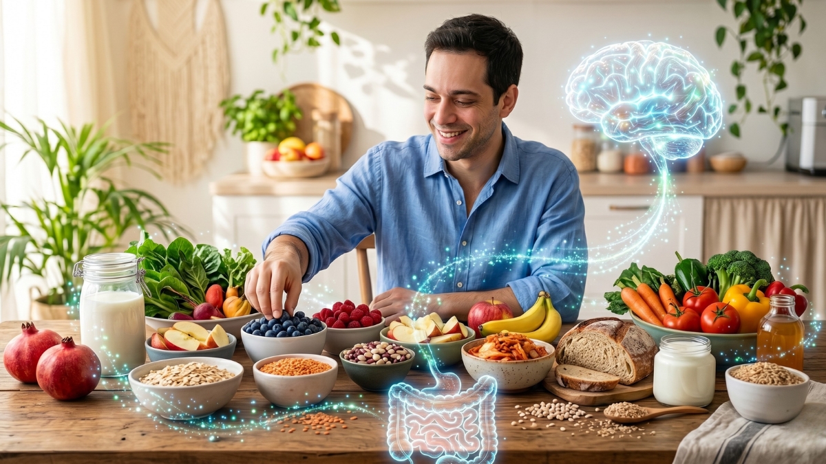 Mesa repleta de frutas, vegetais e alimentos fermentados aparece conectada a uma ilustração brilhante de cérebro e intestino