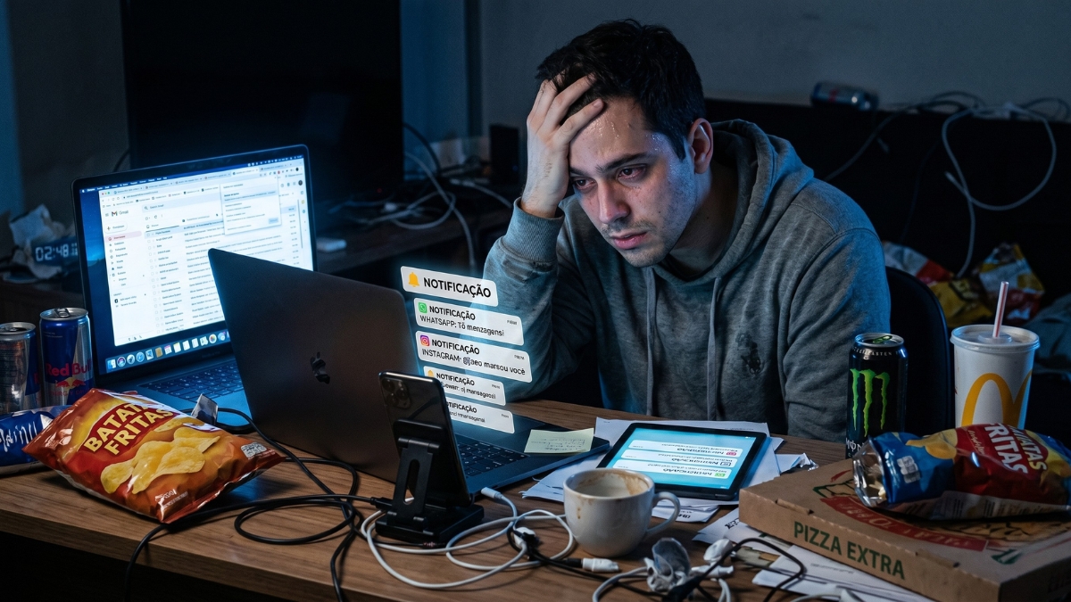 Pessoa cansada sentada diante de computador aparece cercada por notificações digitais, comida ultraprocessada e ambiente escuro representando estresse e sobrecarga mental