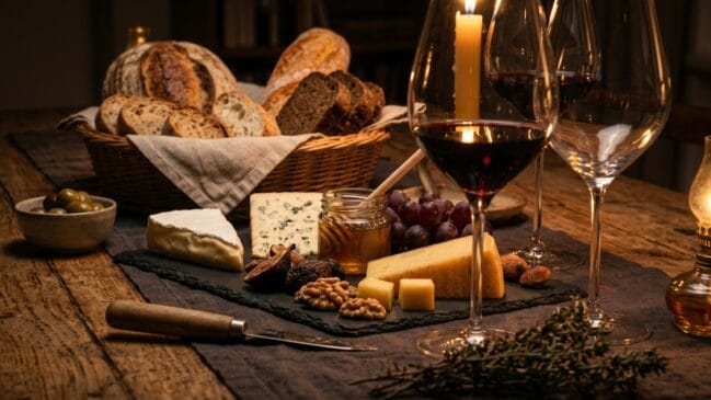 Mesa de jantar de madeira decorada à luz de velas com petiscos gourmet, queijos finos e vinho para degustação