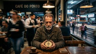 Homem idoso de barba grisalha sentado à mesa de um café, segurando uma bússola antiga com as duas mãos e olhando para baixo. À sua frente, há uma xícara de café e um pequeno livro. O ambiente interno, chamado "Café do Porto", está movimentado com pessoas desfocadas, enquanto a janela ao lado mostra uma rua iluminada à noite com letreiros de "Loteria" e "Farmácia".