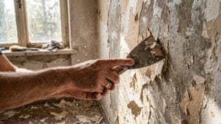 Close-up de reforma residencial mostrando a remoção de tinta antiga com espátula, gerando poeira e resíduos acumulados no chão