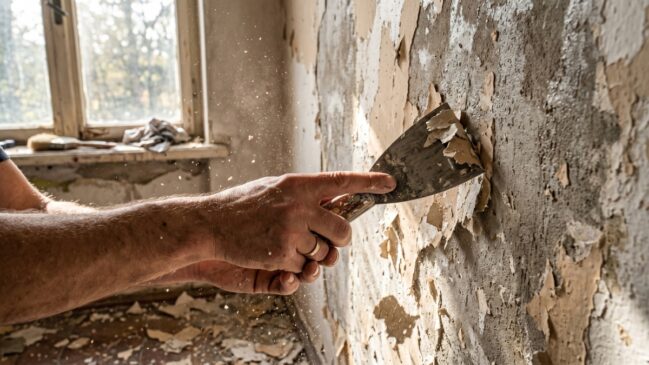 Close-up de reforma residencial mostrando a remoção de tinta antiga com espátula, gerando poeira e resíduos acumulados no chão