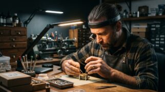 Profissional concentrado trabalhando com as mãos e ferramentas, ilustrando a mentalidade do artesão e a construção da paixão pelo trabalho