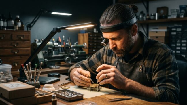 Profissional concentrado trabalhando com as mãos e ferramentas, ilustrando a mentalidade do artesão e a construção da paixão pelo trabalho