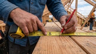 Trabalhador medindo e marcando madeira com fita métrica e lápis em obra de construção.
