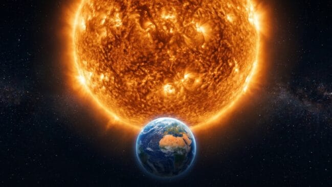 Representação da Terra em primeiro plano com o Sol gigante e flamejante ao fundo no espaço sideral.
