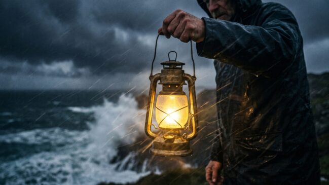 Lanterna iluminando fortemente no meio de uma tempestade e ventania, simbolizando a força de um propósito claro diante das dificuldades.