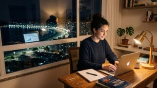 Mulher trabalhando em notebook à noite em home office com vista iluminada da cidade ao fundo