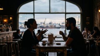 Casal conversa em uma mesa de café com vista para a região portuária de Santos através de uma grande janela arqueada.