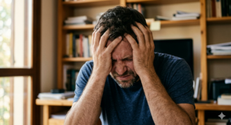 O retrato de um homem na casa dos 40 anos que claramente está sofrendo de uma forte dor de cabeça. Ele está sentado, com as mãos nas têmporas, com uma expressão tensa e contorcida. Ambas as figuras estão inseridas no mesmo ambiente doméstico desfocado e aconchegante, proporcionando continuidade visual e, ao mesmo tempo, apresentando claramente o problema e a solução proposta.