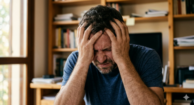 O retrato de um homem na casa dos 40 anos que claramente está sofrendo de uma forte dor de cabeça. Ele está sentado, com as mãos nas têmporas, com uma expressão tensa e contorcida. Ambas as figuras estão inseridas no mesmo ambiente doméstico desfocado e aconchegante, proporcionando continuidade visual e, ao mesmo tempo, apresentando claramente o problema e a solução proposta.