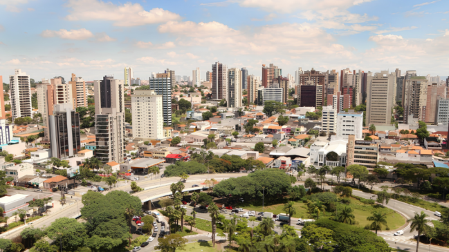 Uma fotografia aérea em plano aberto e horizontal captura o panorama urbano de Santo André, no ABC Paulista, sob a luz do dia. Elementos em Destaque O Primeiro Plano (Parte Inferior): Uma grande área verde se destaca com copas de árvores densas e redondas, palmeiras e gramados bem cuidados. Essa vegetação envolve um complexo viário com avenidas asfaltadas que formam curvas e contornos. Há um fluxo moderado de veículos (carros e pequenos caminhões) transitando pelas pistas. No canto inferior esquerdo, um viaduto cruza sobre parte da avenida e da área arborizada. O Plano Intermediário: No centro da imagem, misturam-se construções residenciais e comerciais de altura baixa e média, com telhados em tons de cerâmica (marrom e vermelho) e paredes brancas ou cinzas, típicas de bairros consolidados. Entre as construções, notam-se pequenos galpões e o comércio local estruturado ao longo das vias. O Fundo (Linha do Horizonte): Uma linha densa de edifícios residenciais altos (arranha-céus) corta horizontalmente toda a imagem de ponta a ponta. Os prédios apresentam arquitetura moderna e variada, com fachadas predominantemente em tons claros (branco, bege e cinza), intercaladas por algumas torres em tons de marrom e pastilhas escuras. Cores, Iluminação e Clima Céu: O céu ocupa o terço superior da foto, exibindo um tom azul-claro salpicado por nuvens brancas dispersas e de aspecto leve (cúmulos). Iluminação: A luz solar é difusa, mas clara, vinda de cima, projetando sombras suaves e curtas projetadas pelas árvores e edifícios, sugerindo um horário próximo ao meio-dia. Cores: O verde vivo da vegetação rústica na base contrasta com o cinza do asfalto urbano e a paleta predominantemente clara e geométrica dos edifícios ao fundo.