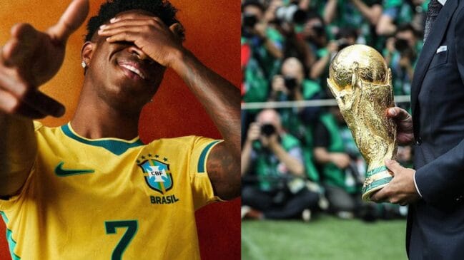 Vini jr do lado esquerdo, a taça da copa do mundo do lado direito